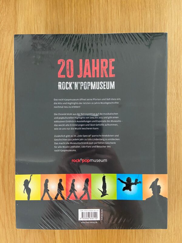 Zu sehen ist die Rückseite des Buches zum 20-jährigen Jubiläum des rock'n'popmuseums.