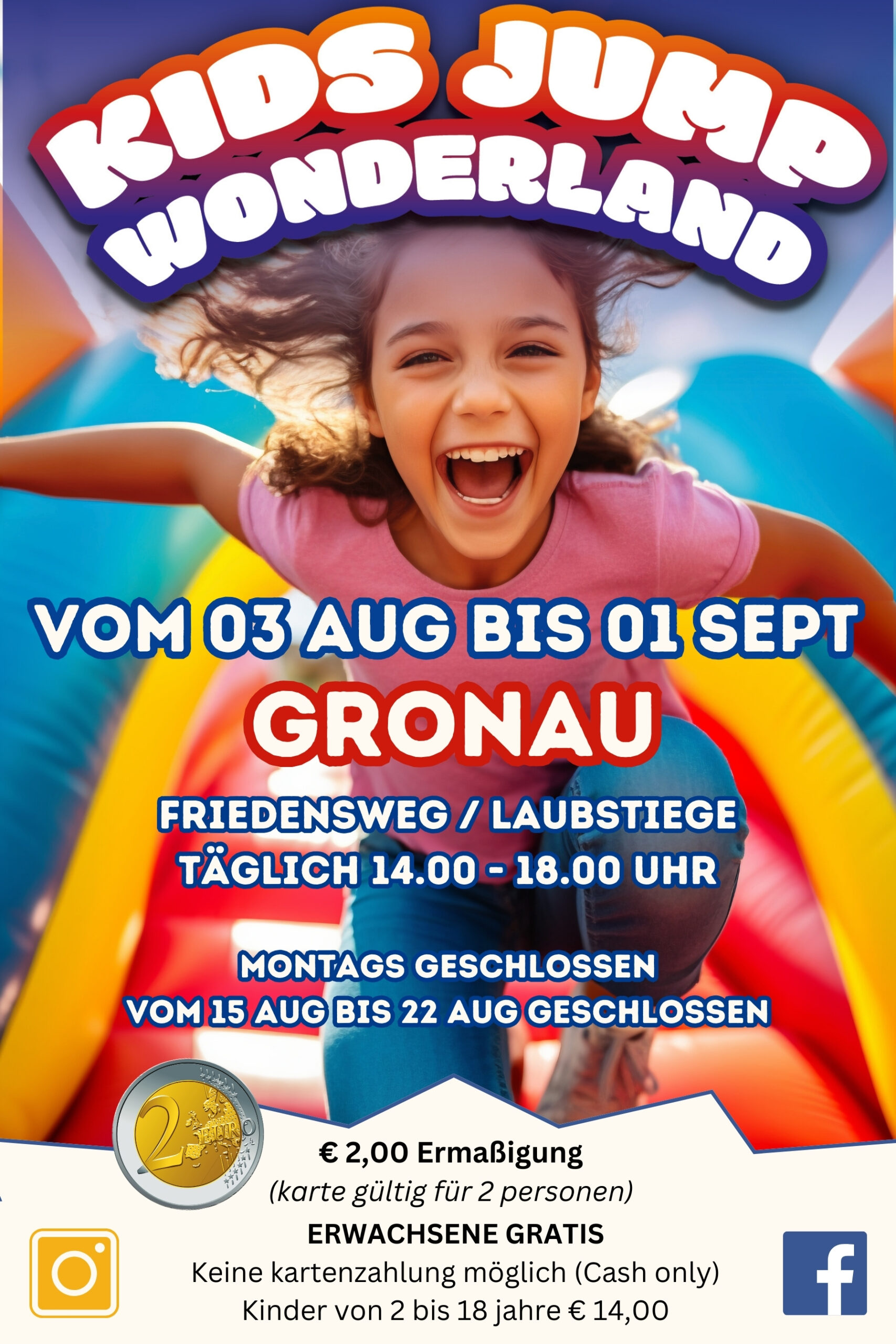 Kids Jump Wonderland vom 3.8. - 1.9.24 auf dem Festplatz am Friedensweg/Laubstiege (neben dem Hallenbad). Montags geschlossen sowie vom 15.8.-22.8. geschlossen.