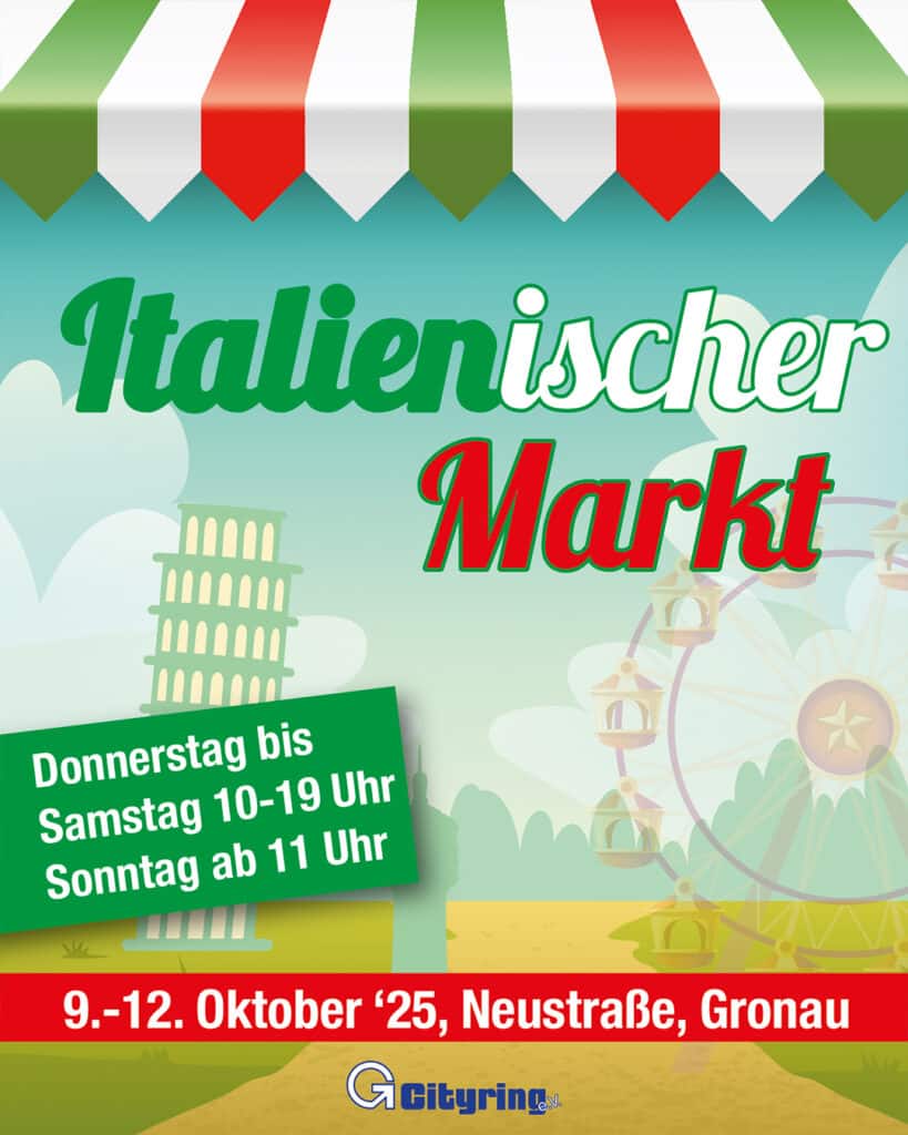 Die Grafik zeigt einen Marktstand in den Farben der italienischen Flagge (Grün, weiß, rot), im Hintergrund ist der Schiefe Turm von Pisa zu sehen, der Gronauer Wasserturm sowie ein Riesenrad.