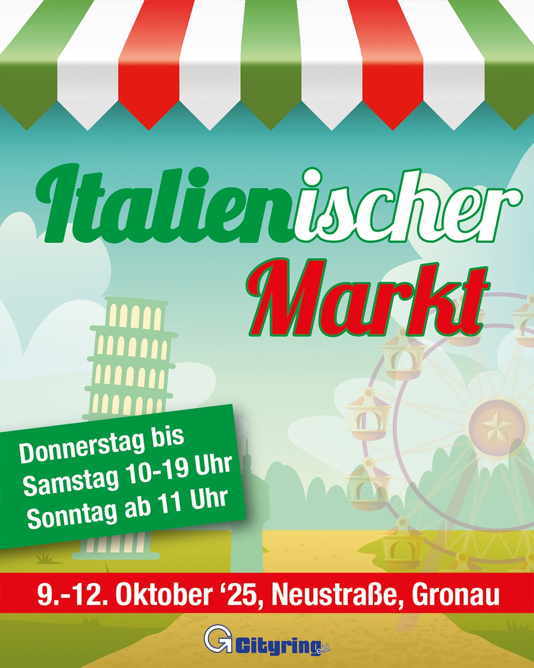 Die Grafik zeigt einen Marktstand in den Farben der italienischen Flagge (Grün, weiß, rot), im Hintergrund ist der Schiefe Turm von Pisa zu sehen, der Gronauer Wasserturm sowie ein Riesenrad.