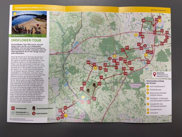 Route entlang der Knotenpunkte auf einer Karte mit einem Infotext zu der Strecke und der Emsflower Erlebniswelt.