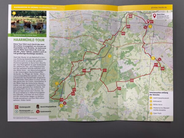 Route entlang der Knotenpunkte auf einer Karte eingezeichnet mit einem Infotext an der Seite über die Strecke.