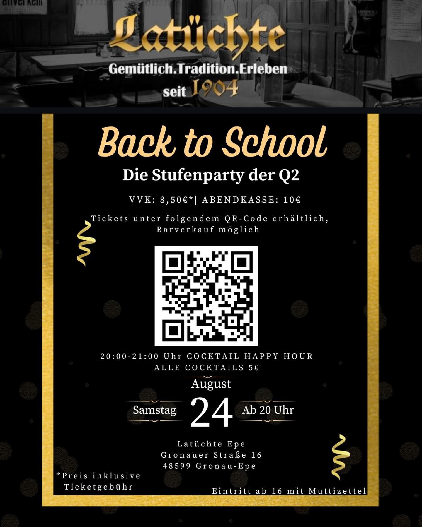 Back to School - die Stufenparty der Q2 am 24.8.2024 in der Latüchte Epe