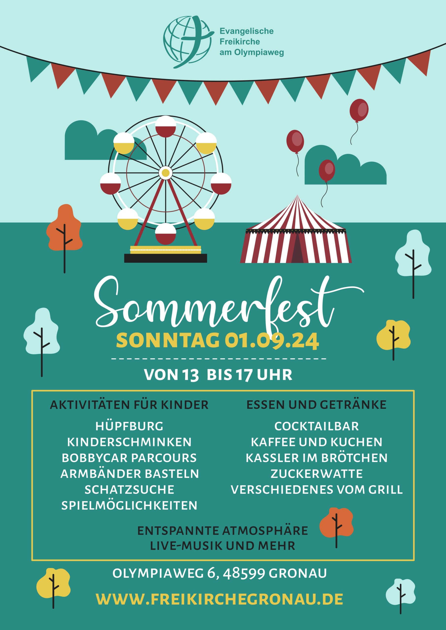 Sommerfest der Ev. Freikirche am Olympiaweg am 1.9.24 von 13h bis 17h mit einem bunten Rahmenprogramm