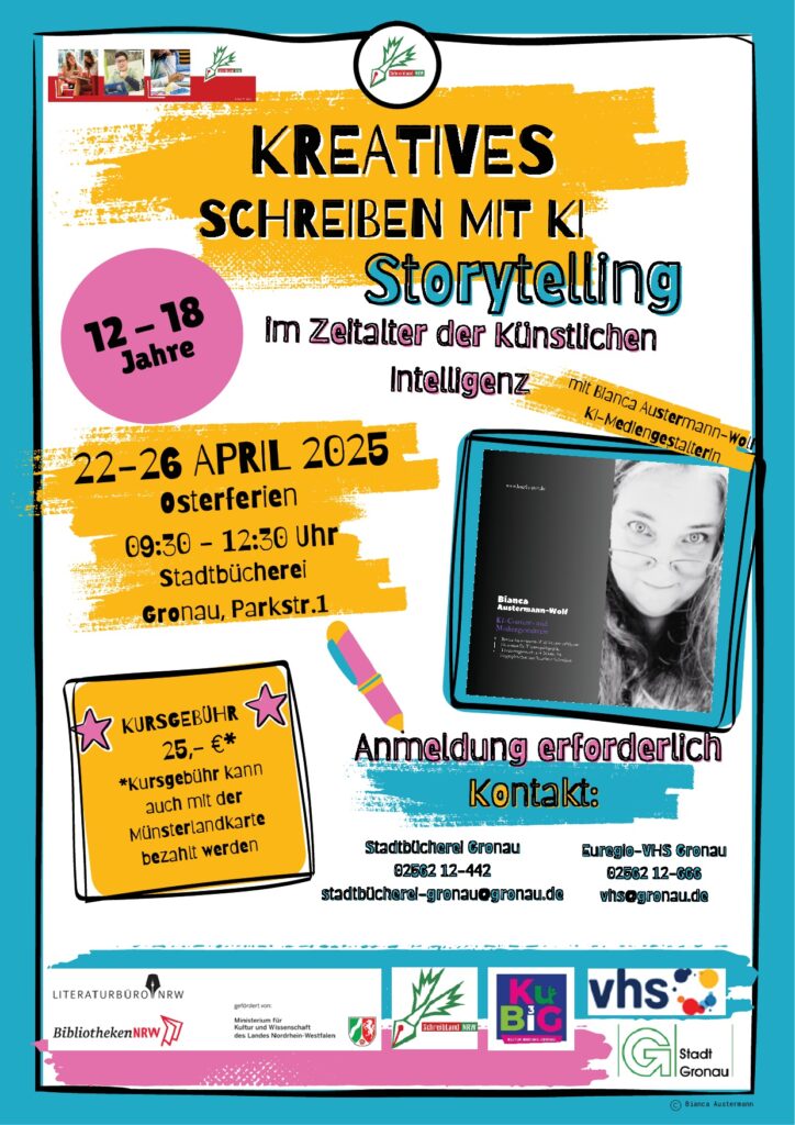 Ein buntes Plakat mit vielen markierten Veranstaltungshinweisen und ein Foto von Bianca Austermann-Wolf