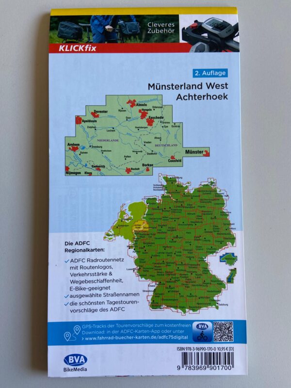 Das Bild zeigt die Rückseite einer gedruckten Fahrradkarte. Die Karte ist für die Region „Münsterland West – Achterhoek“, was ein Gebiet an der Grenze zwischen Deutschland (NRW, Münsterland) und den Niederlanden (Region Achterhoek) beschreibt.