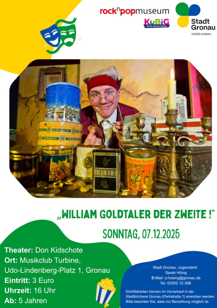 Poster from the event: Children's theater William Goldtaler der Zweite! A man with gold coins in his hand and various tins on the table in front of him.