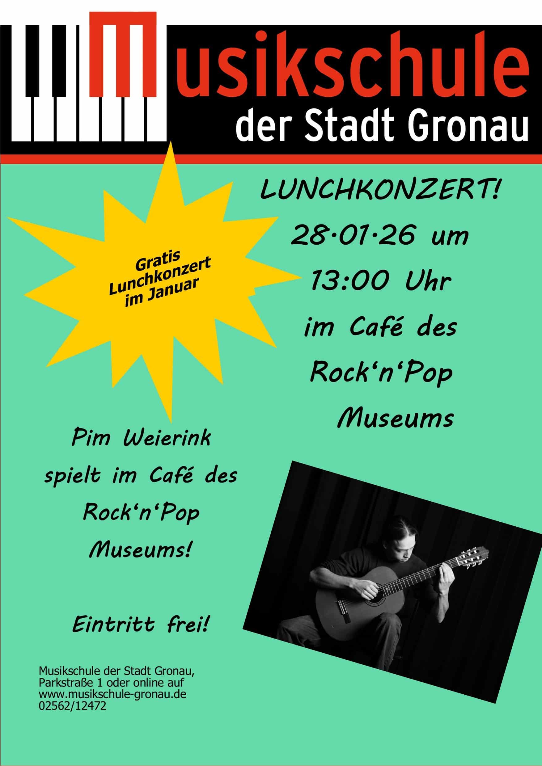 Affiche van het lunchconcert van de Gronause Muziekschool met Pim Weierink. 28.01.2026 om 13.00 uur in Café Backstage.