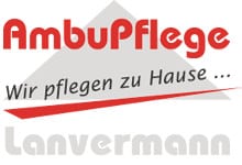 Logo met de woorden "AmbuPflege" in grote rode letters. Daaronder staat de slogan "We care at home ..." in kleinere grijze letters, onderstreept met een rode lijn. Op de achtergrond is een grijs dak te zien. Onderaan staat de naam "Lanvermann" in lichtgrijze letters.