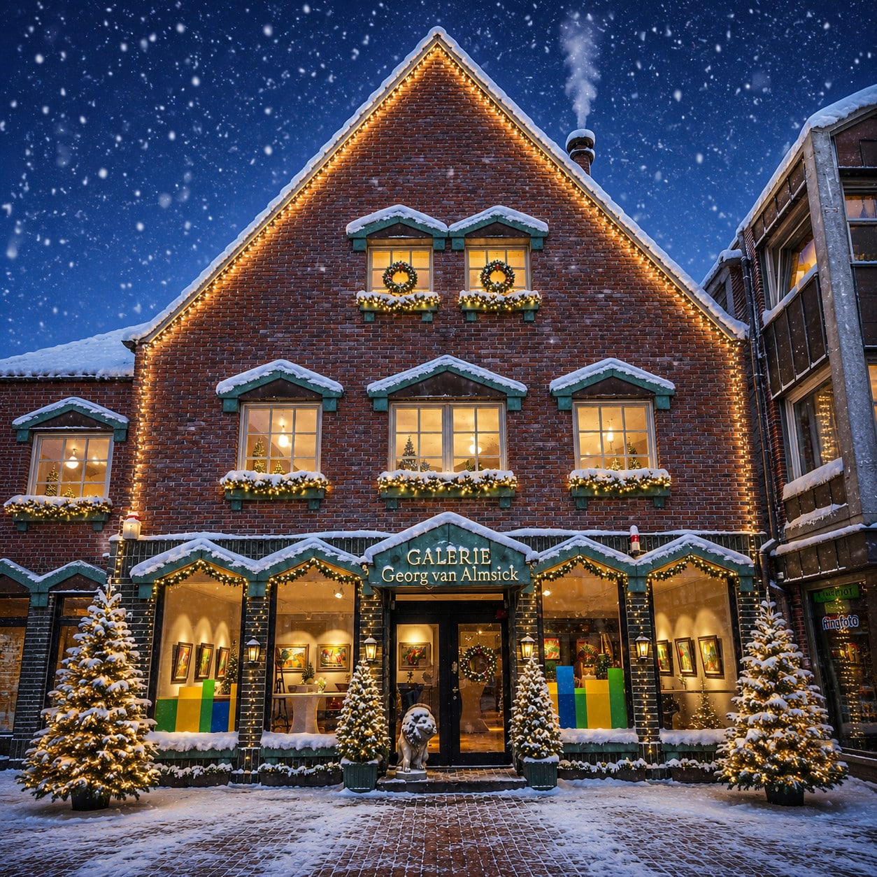 Ein großes Backsteinhaus ist festlich für Weihnachten geschmückt. Warmes Licht leuchtet aus den Fenstern und entlang des verschneiten Daches. Vor dem Eingang stehen beleuchtete Tannenbäume im Schnee. Es schneit leicht, und durch die Fenster sind Bilder und Dekorationen einer Galerie zu sehen. Die Szene wirkt gemütlich und winterlich.