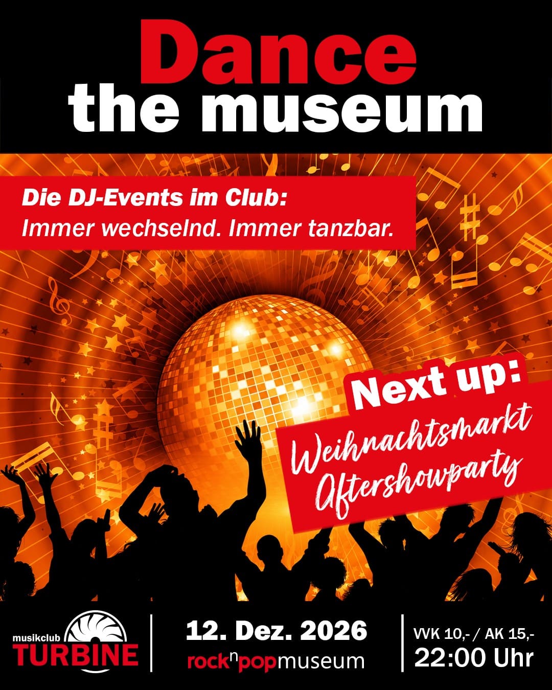 Plakat von der Veranstaltung "Dance the museum" am 12.12.2026 um 22Uhr.