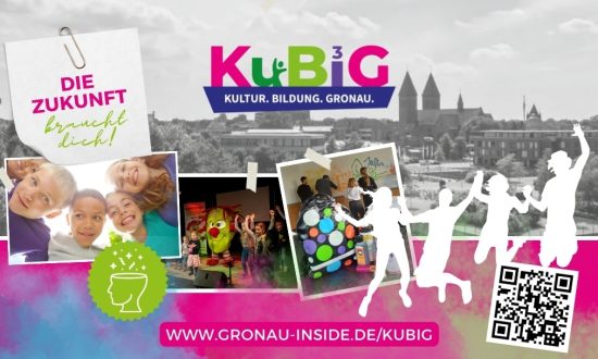 Op de afbeelding zijn spelende kinderen te zien. Bovenaan staat het opschrift KUBIG. Dit staat voor cultuur en onderwijs in Gronau.