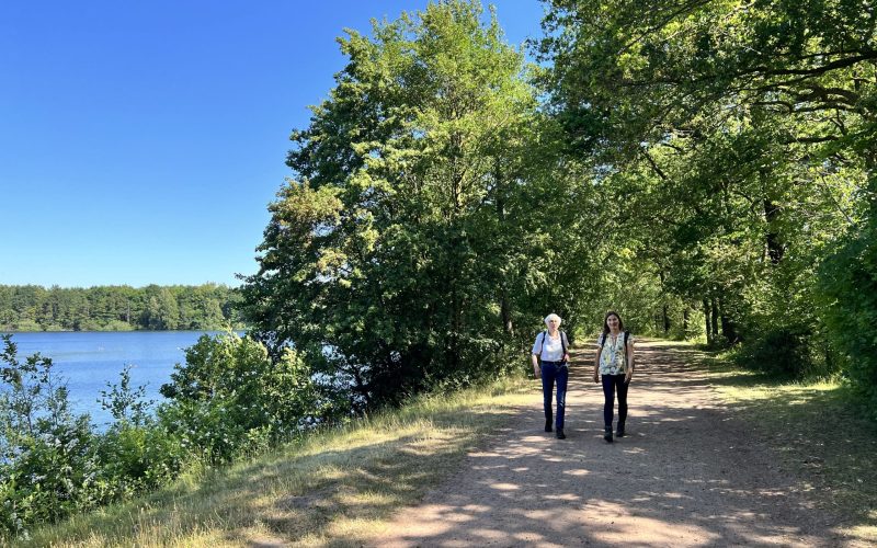In the picture, you can see two people walking on a hiking trail next to the lake.
